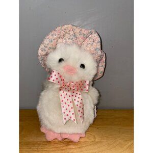 Vintage PJ Toys White Duck Plush Stuffed Animal Toy Pink Flower Bonnet Hang Tag